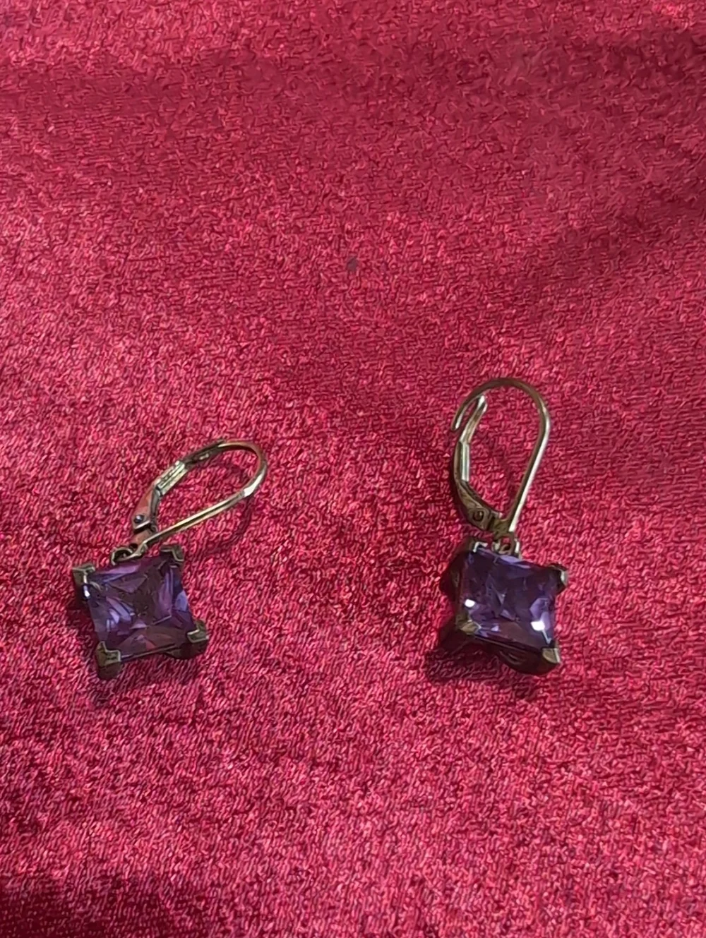 Silver Leverback Earrings with Purple Square Gemstones